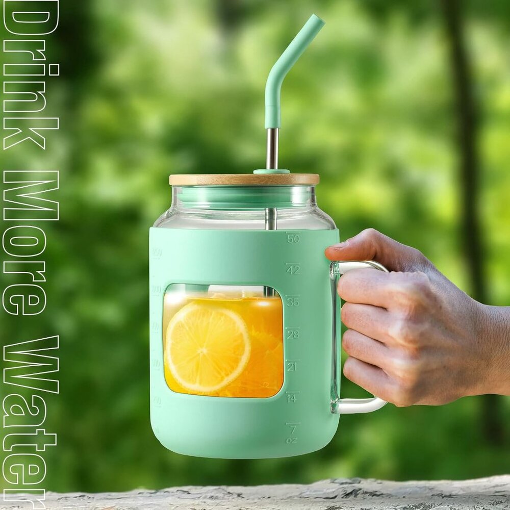 50 oz Glass Water Bottles with Silicone Sleeve Glass Tumbler with Lid and Straw